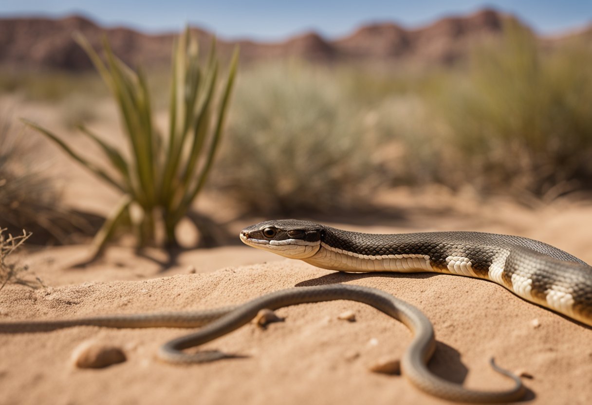 A legless lizard and a snake face off in a desert habitat, both coiled and ready to strike, with sparse vegetation in the background