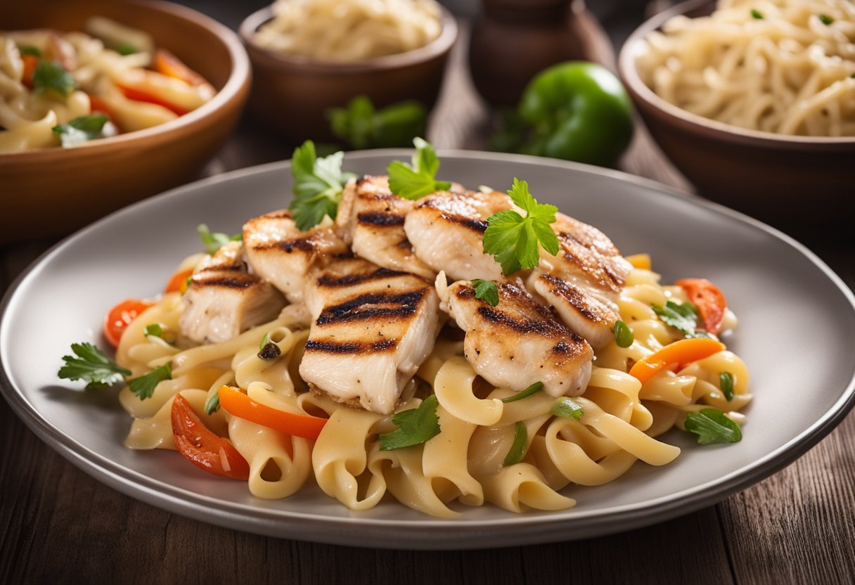 A plate of sizzling rattlesnake pasta with peppers, onions, and creamy sauce, topped with slivers of grilled chicken
