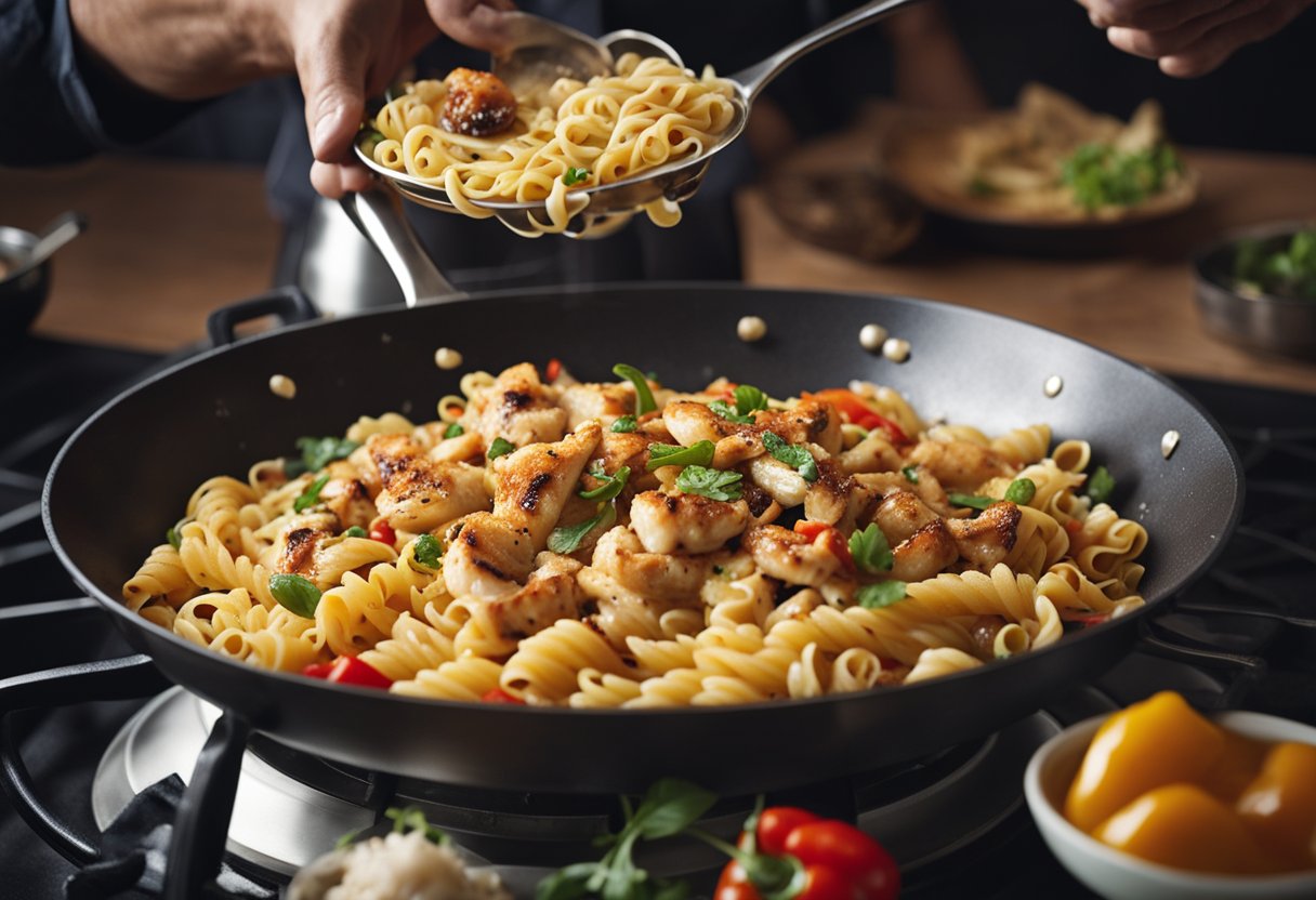 A chef tosses pasta with spicy peppers and grilled chicken in a sizzling pan, creating a flavorful dish known as Rattlesnake Pasta