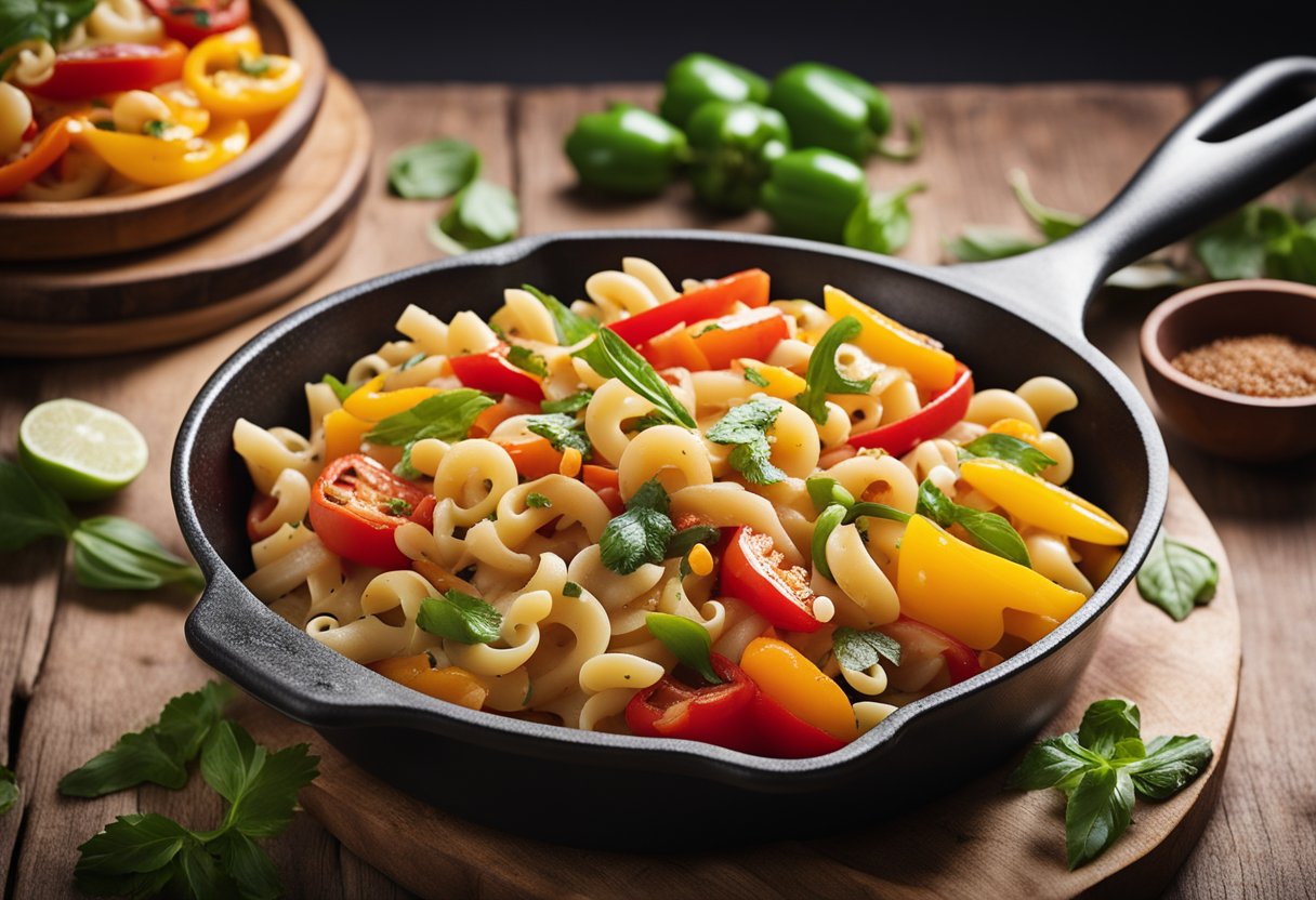 A sizzling skillet of rattlesnake pasta with colorful bell peppers and tender slices of snake meat