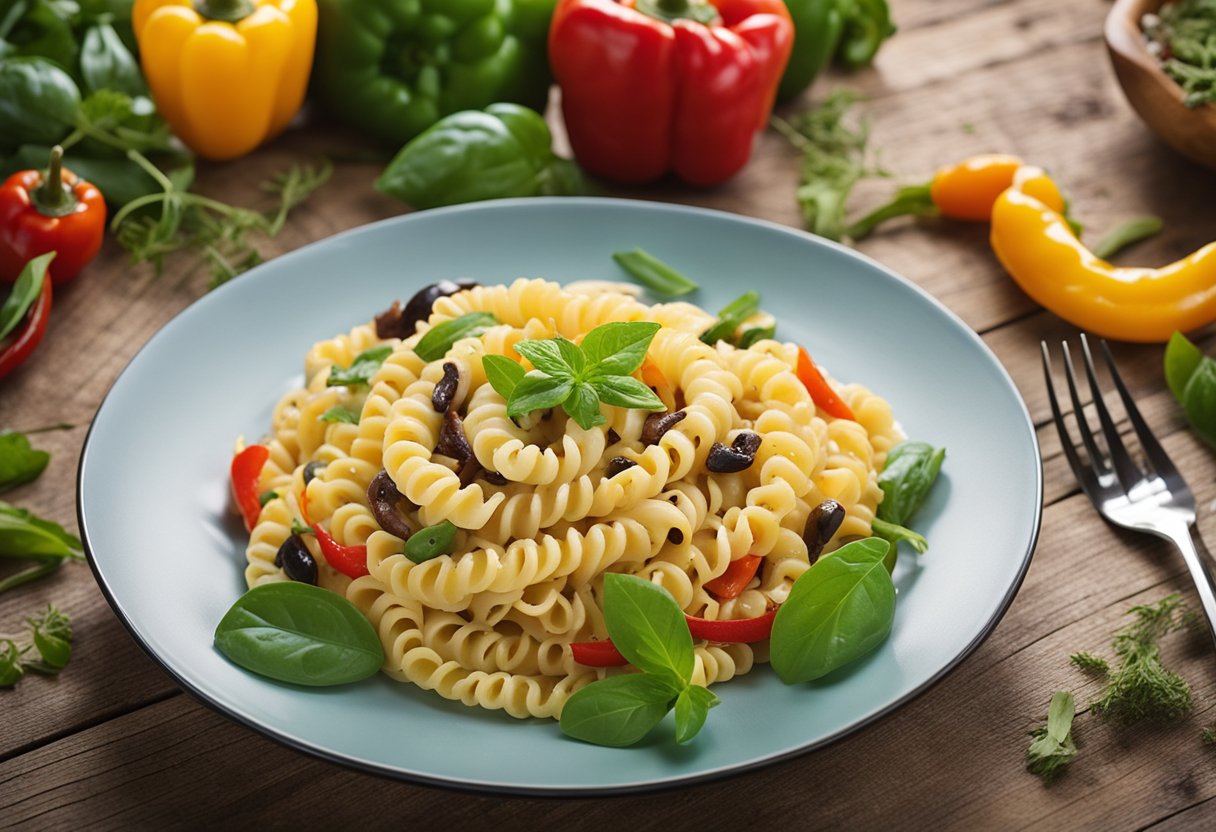 A plate of rattlesnake pasta sits on a rustic wooden table, surrounded by vibrant green herbs and colorful peppers, with a fork resting beside it