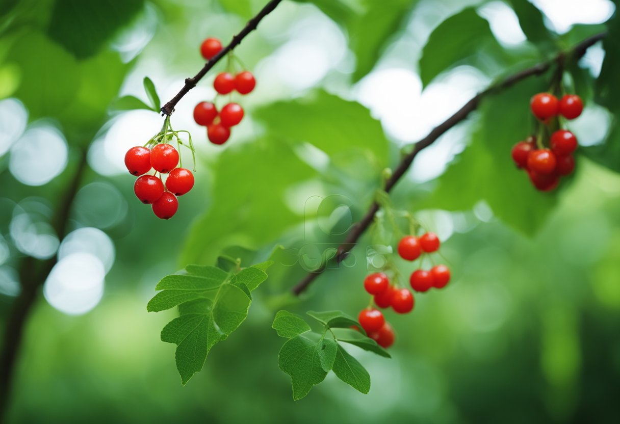 Ripe, red snake berries dangle from green vines in a lush forest setting