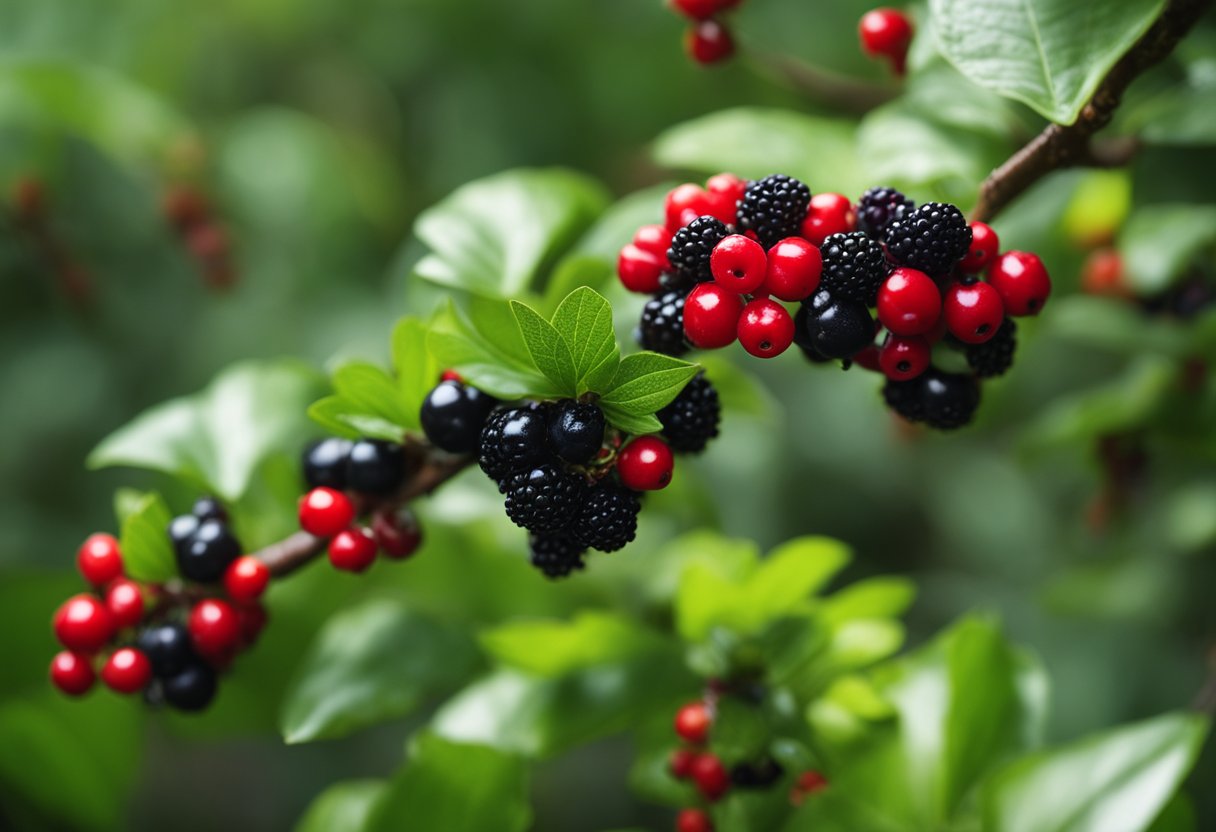 Lush greenery surrounds the vibrant red and black snake berries, warning of their toxic nature. A small sign nearby indicates the danger, emphasizing the need for caution