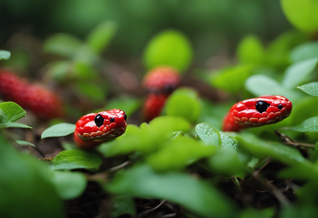 Bright red snake berries scattered on forest floor, surrounded by lush green foliage and small wildlife