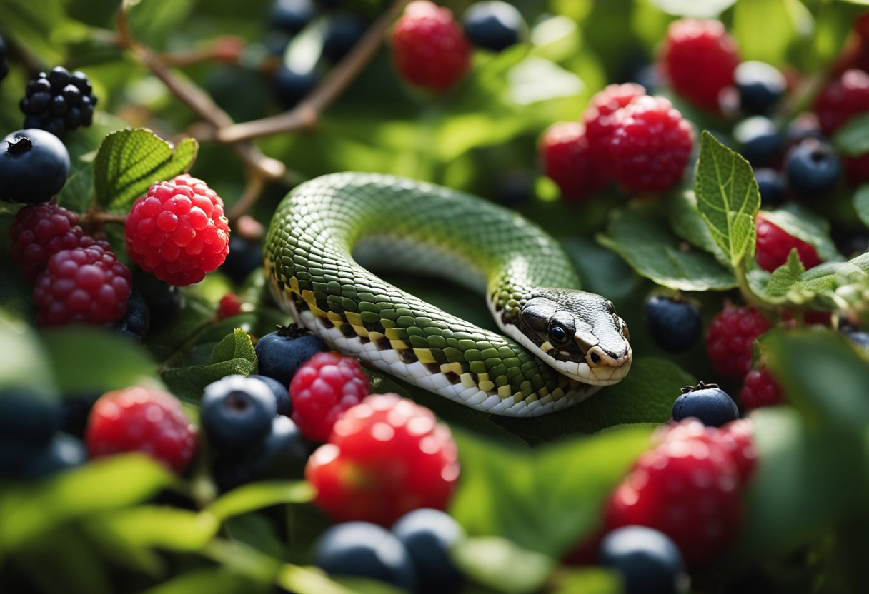 A snake slithers near a patch of toxic berries, highlighting legal and ethical considerations