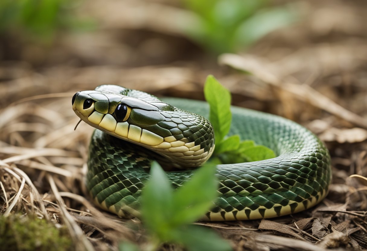 A snake coiled in a circular motion, with its mouth biting its own tail, surrounded by symbols of nature and the environment