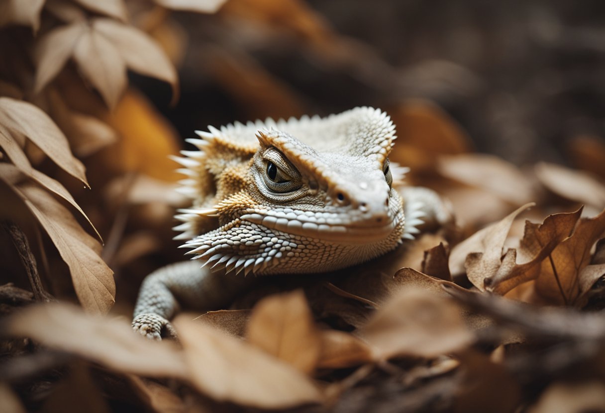 A bearded dragon lies still in a cozy burrow, surrounded by dry leaves and branches, its eyes closed as it enters hibernation