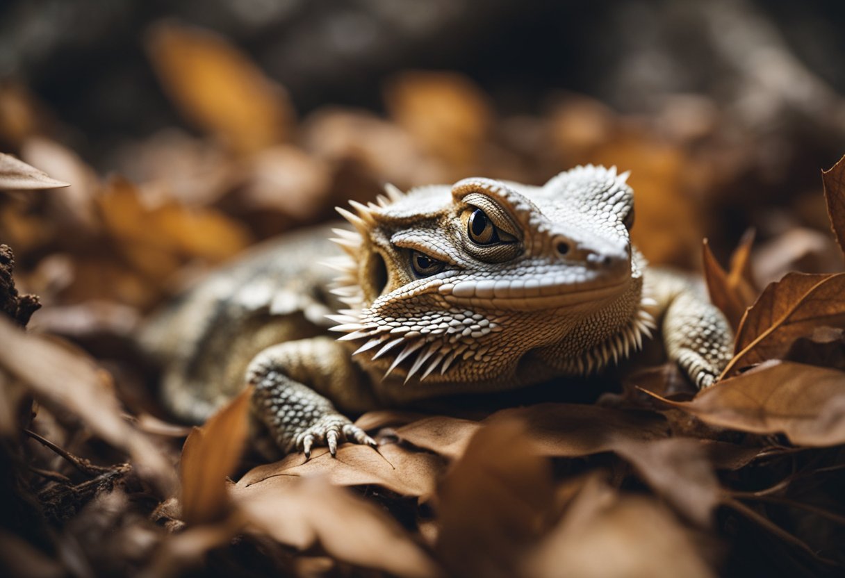 A bearded dragon curled up in a cozy cave, eyes closed, surrounded by dry leaves and branches. Its body is still and its breathing slow, showing signs of hibernation