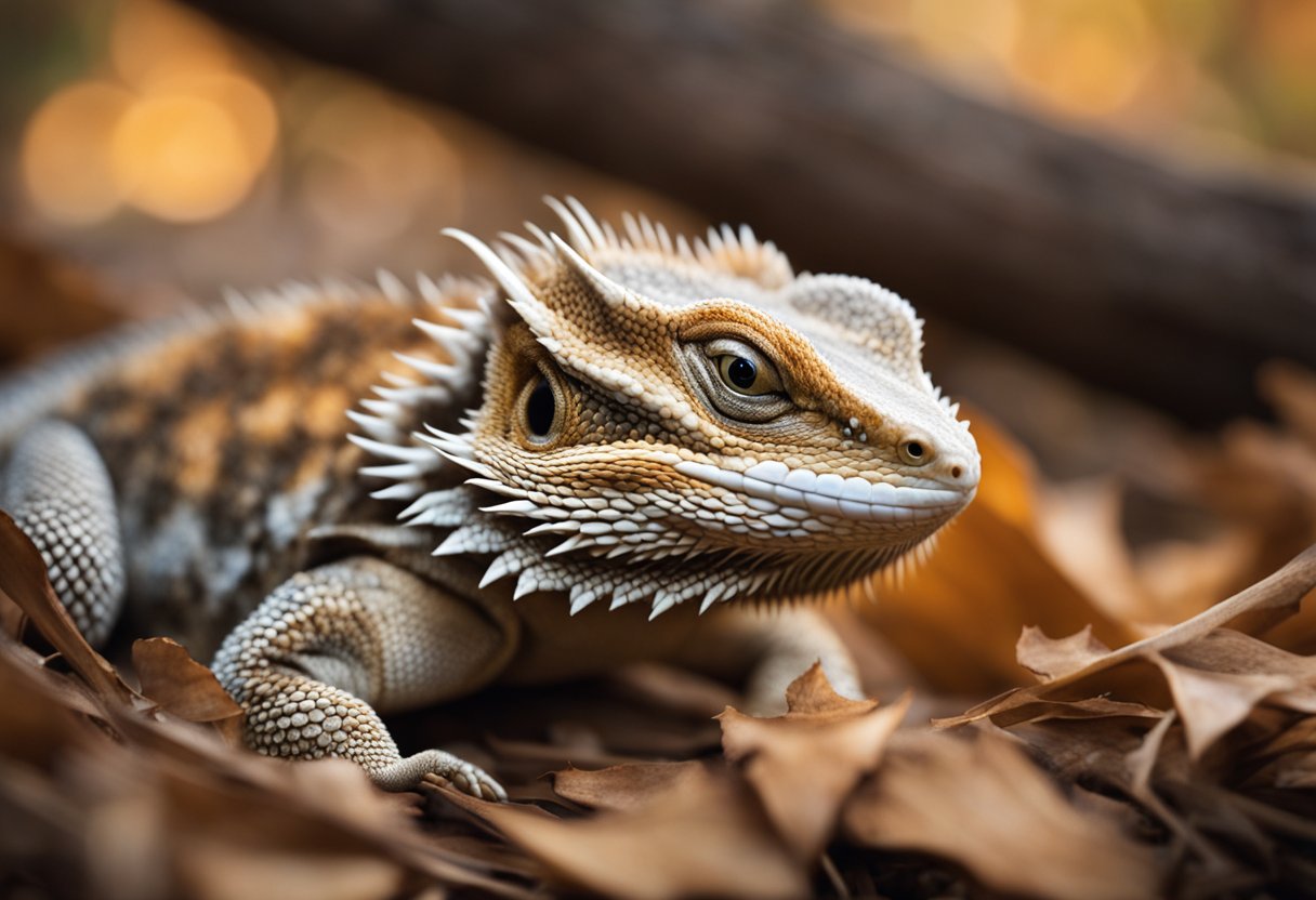 A bearded dragon burrows into a cozy den, surrounded by dry leaves and logs, as it prepares for hibernation