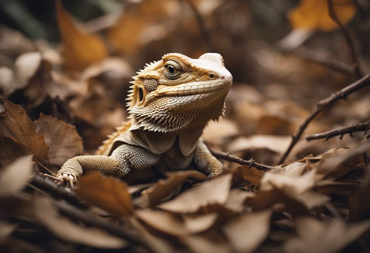 A bearded dragon lies still in a cozy burrow, surrounded by dry leaves and twigs. Its eyes are closed, and its body is motionless as it enters hibernation