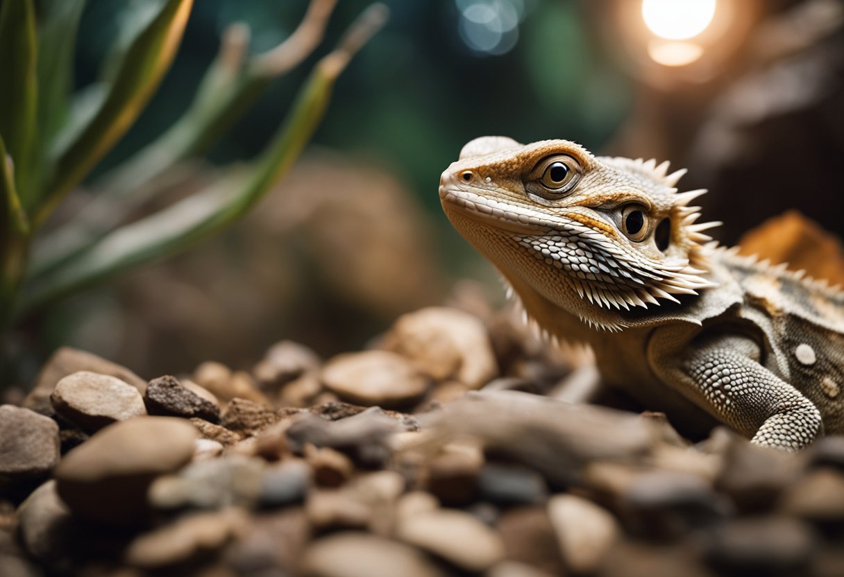 A bearded dragon emerges from hibernation, basking under a heat lamp, surrounded by rocks and branches in a warm and cozy enclosure