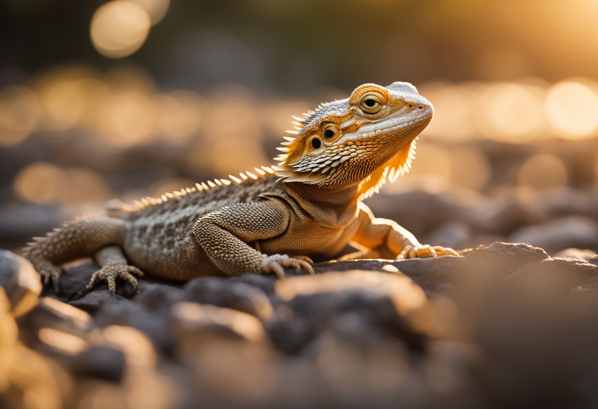 A bearded dragon basks under a warm, glowing light, casting a soft, radiant glow over its scales