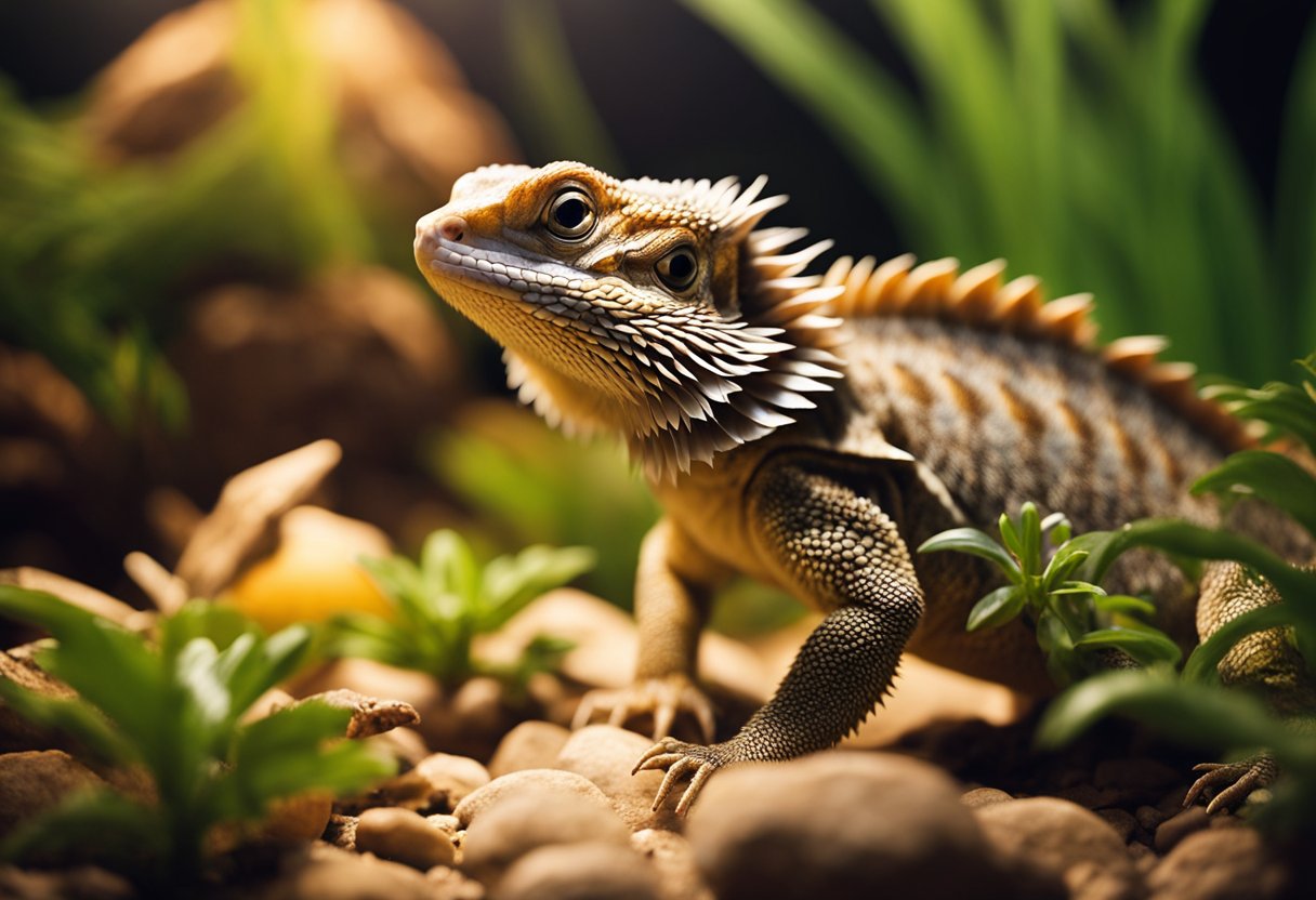 A heat lamp and UVB light are positioned above a rocky, desert-like habitat. The bearded dragon basks under the warm glow, surrounded by plants and a shallow water dish