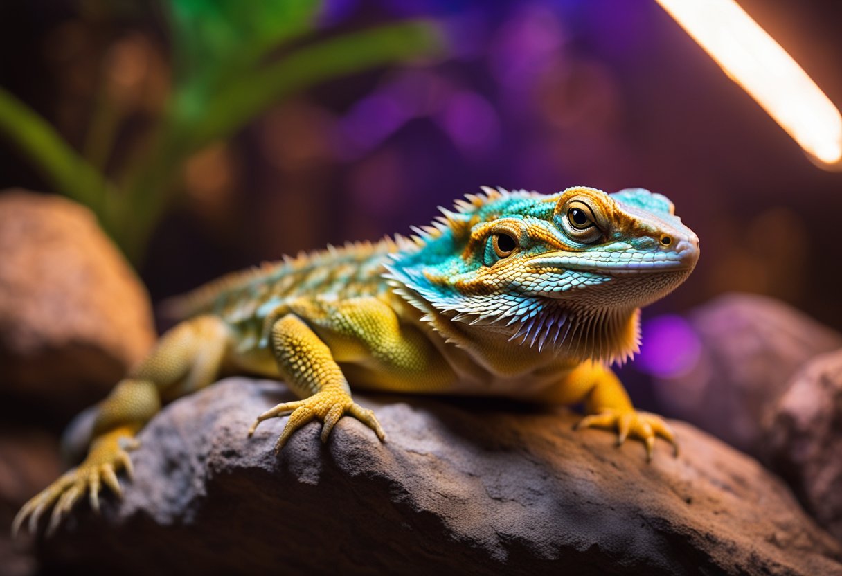 A bearded dragon basks under a full-spectrum UVB light on a naturalistic rock perch, with a heat lamp providing warmth in the background