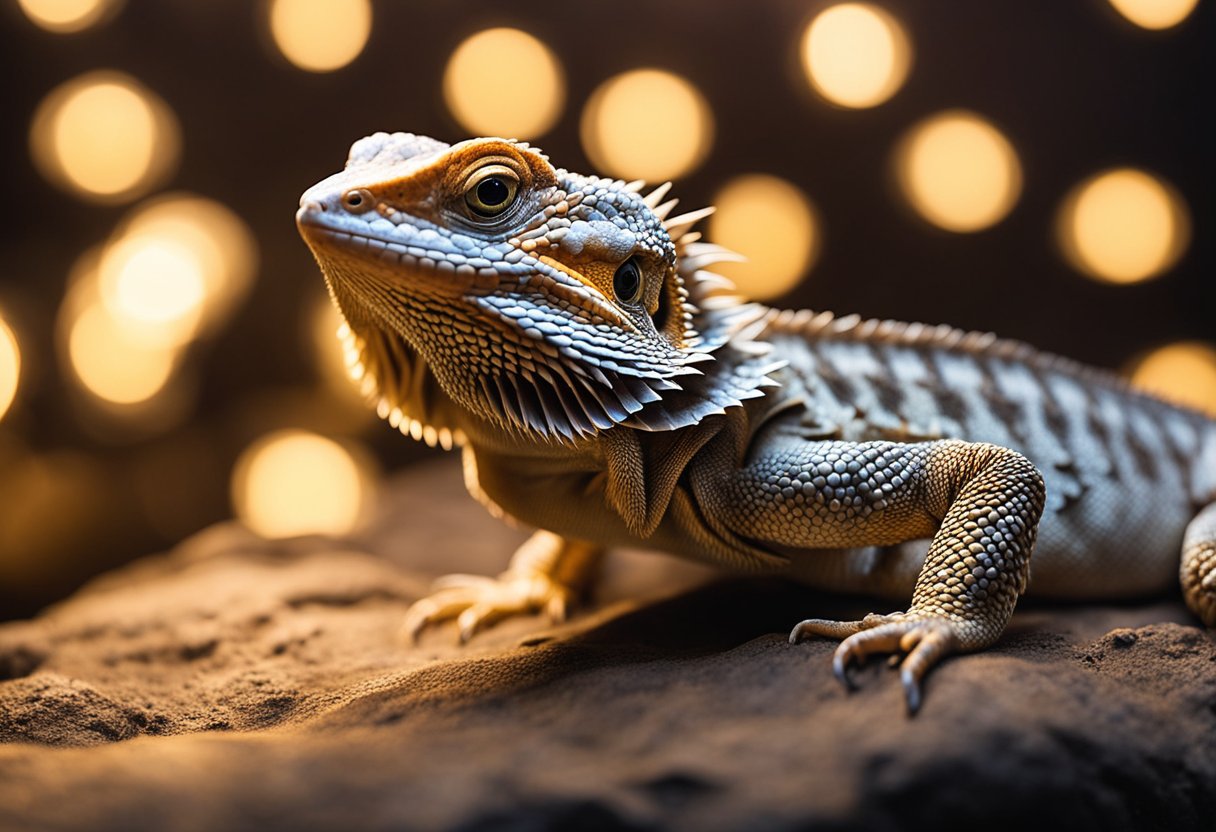 A bearded dragon basking under a heat lamp while a UVB light shines down on its habitat. Temperature and light levels are being monitored and adjusted as needed