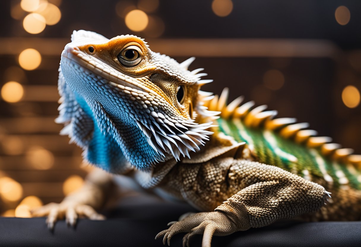 A bearded dragon basking under a warm, UVB lamp, with a heat lamp providing a cozy spot for digestion