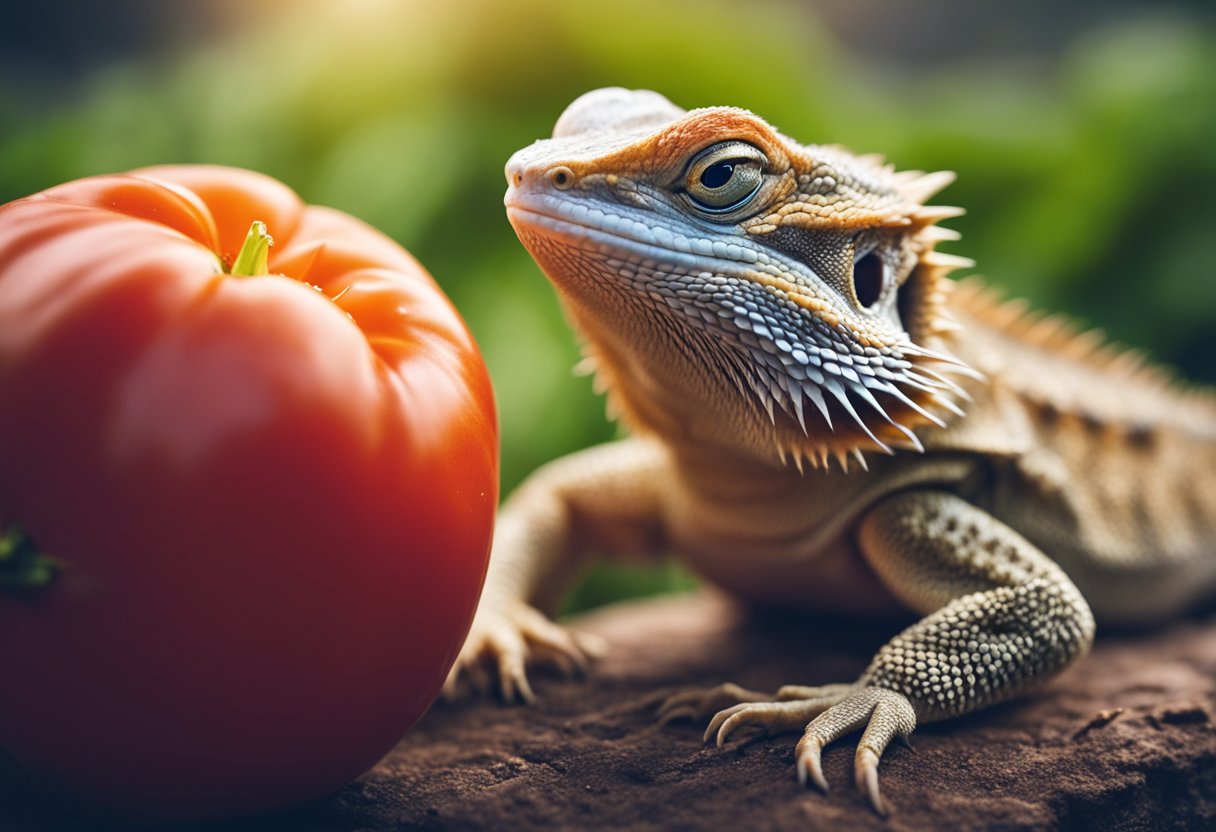 A bearded dragon eagerly munches on a ripe tomato, its sharp teeth delicately breaking through the skin to reveal the juicy flesh inside