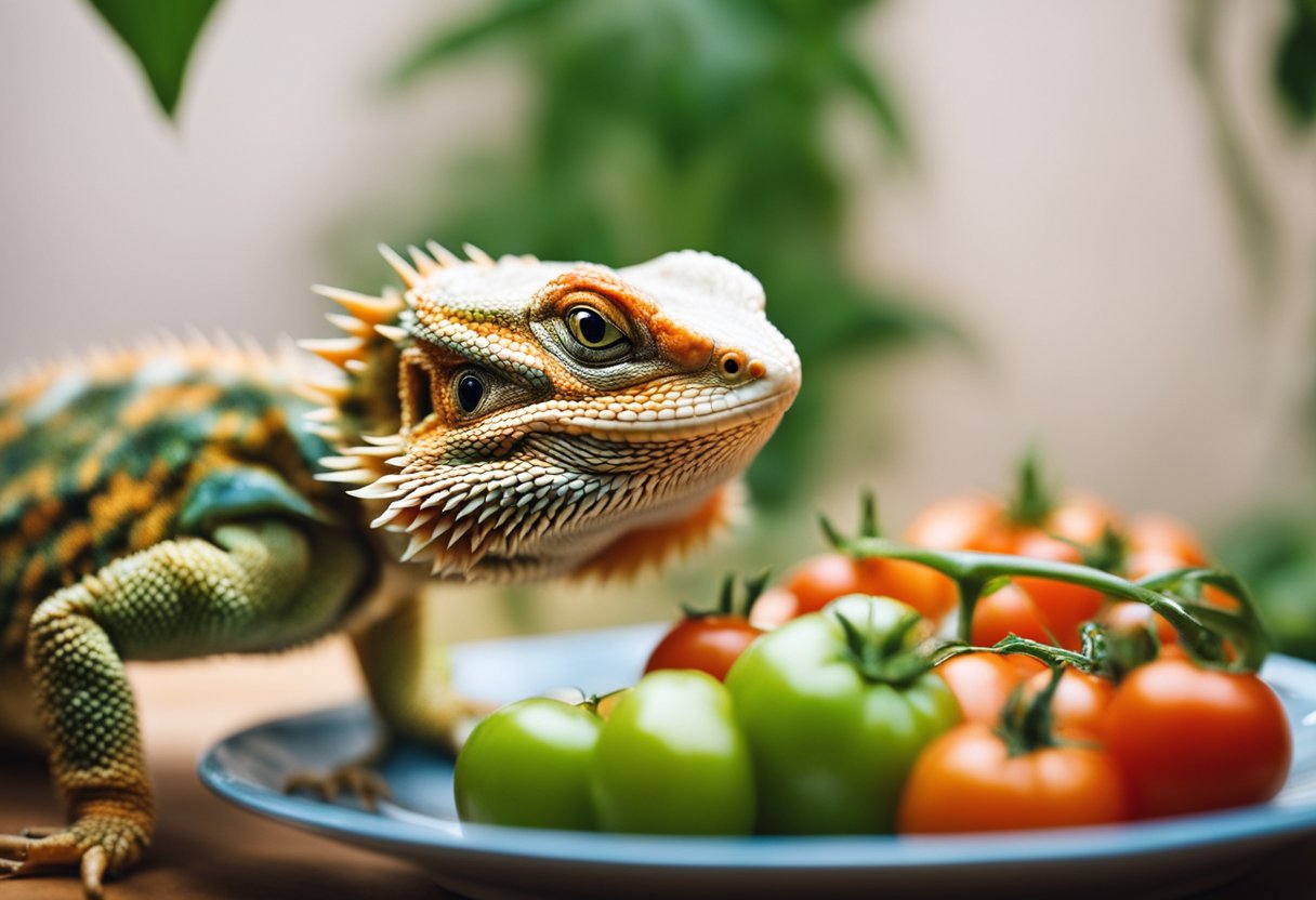 Bearded dragon eating tomatoes from a dish