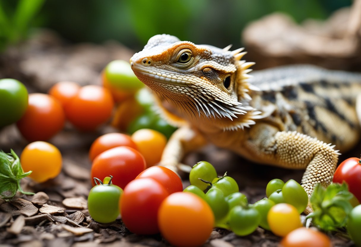 A bearded dragon examines a pile of tomatoes, sniffing and tasting cautiously