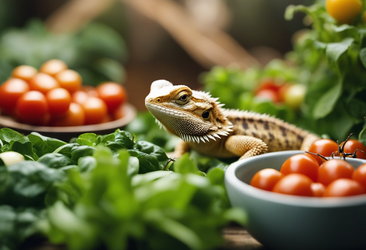A bearded dragon surrounded by various alternative foods like tomatoes, leafy greens, and insects, with a curious expression on its face