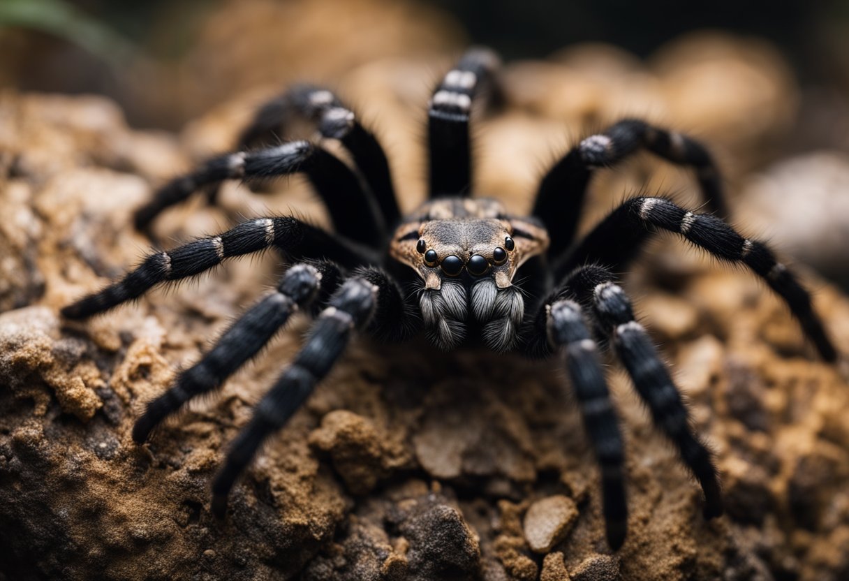 A tarantula sits menacingly on a rock, venom dripping from its fangs. The surrounding environment is dark and foreboding, adding to the sense of danger