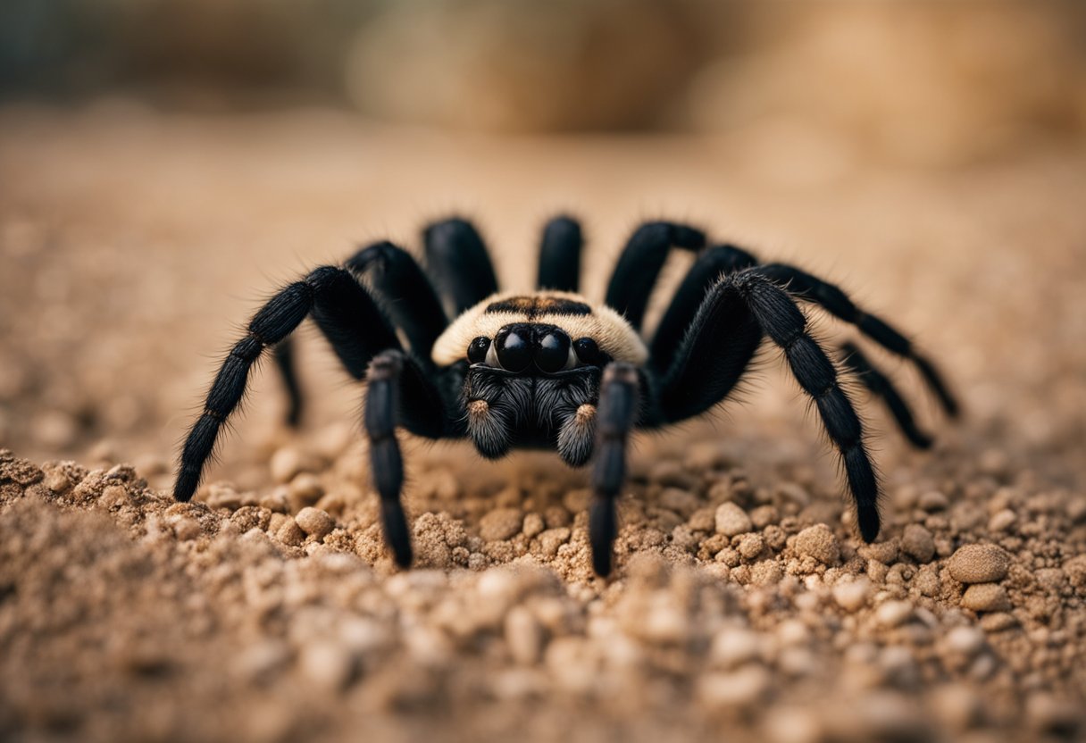 A tarantula crawls on a desert floor, its hairy legs and large body looming ominously
