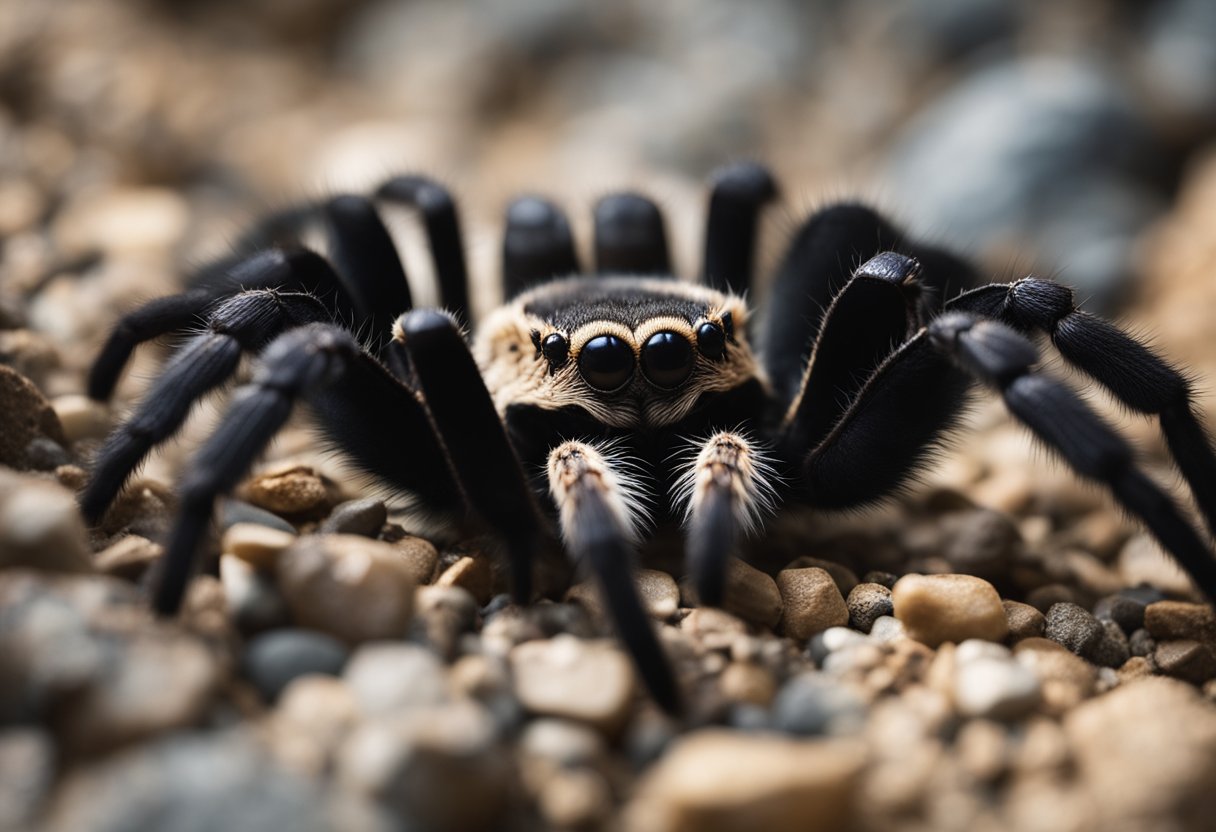 A large tarantula rests on a rocky surface, its hairy legs sprawled out, and its fangs visible