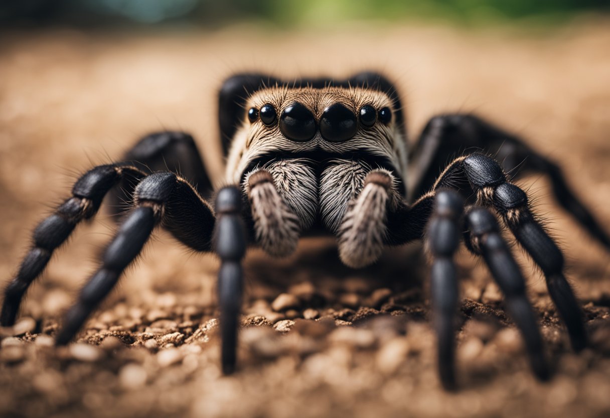 A tarantula raises its front legs and shows its fangs in a defensive stance