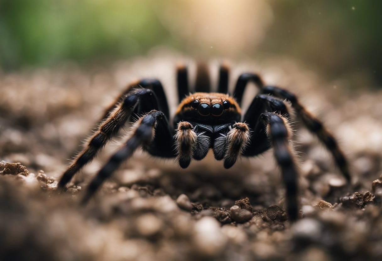 A tarantula poised to attack, fangs bared, with venom dripping from its chelicerae