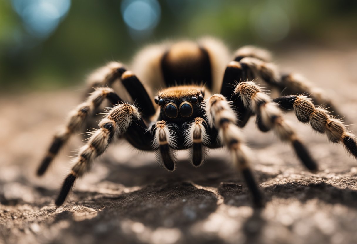 A tarantula crawls menacingly towards a small prey, its hairy legs poised to strike