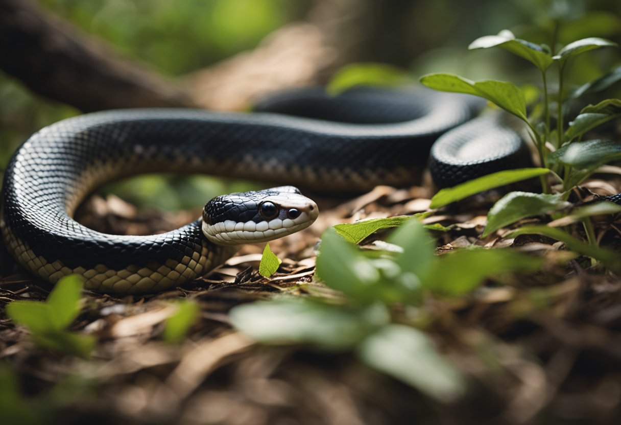 A copperhead and a black rat snake slither side by side through the forest underbrush
