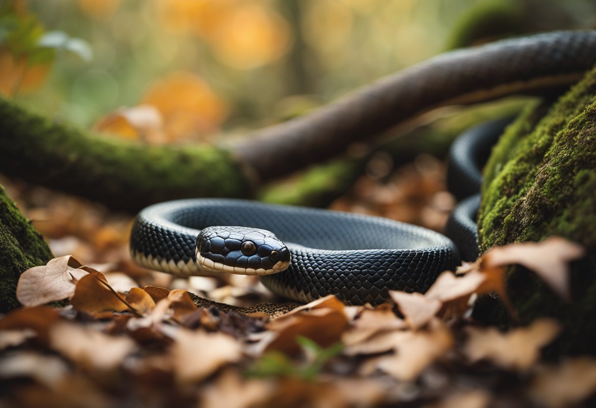 Copperhead and black rat snake coiled on forest floor, surrounded by fallen leaves and twigs