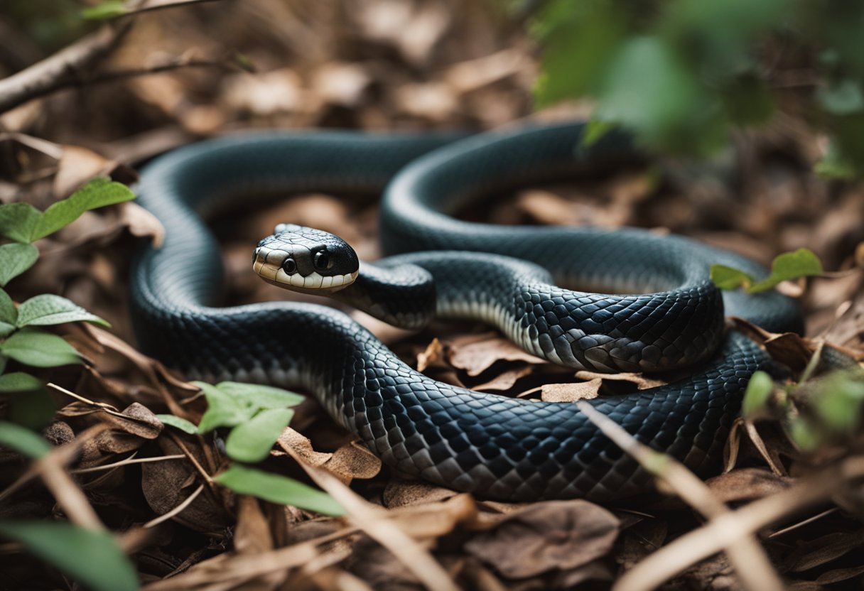 Copperhead and black rat snake coiled together in forest underbrush