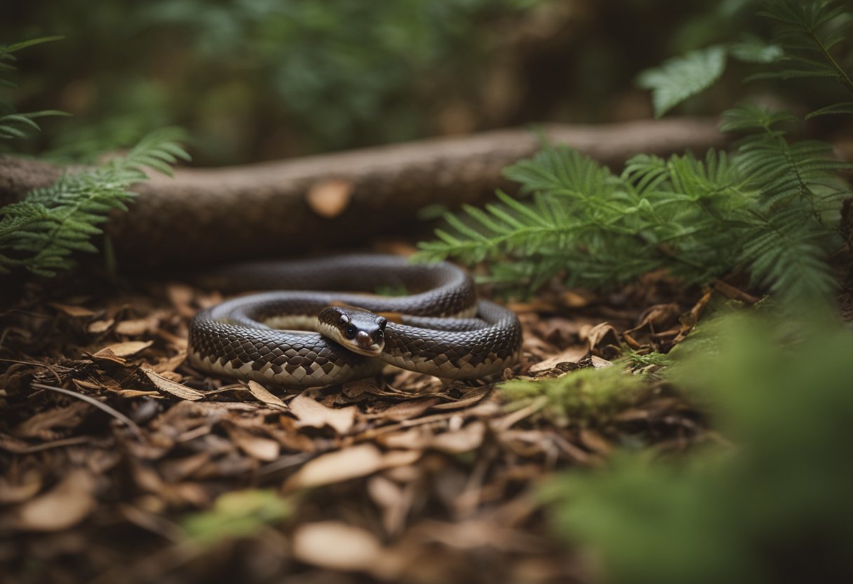 Copperhead and black rat snake interact in forest clearing