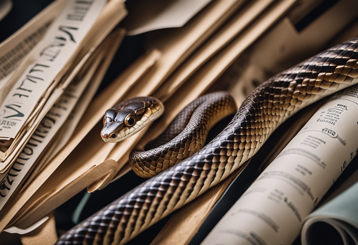 Copperhead and black rat snake coiled together, surrounded by research papers and study materials