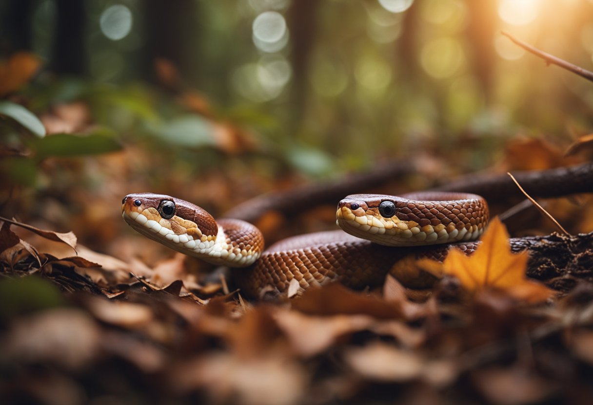 Corn snake and copperhead in natural habitat, coiled and facing off. Forest floor with fallen leaves and branches