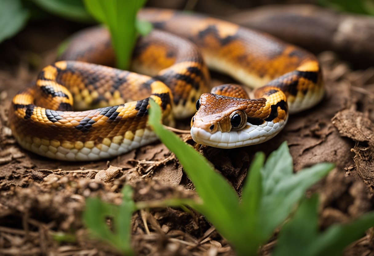 Corn snake slithers gracefully, while copperhead coils defensively. Corn snake's smooth movements contrast with copperhead's tense posture