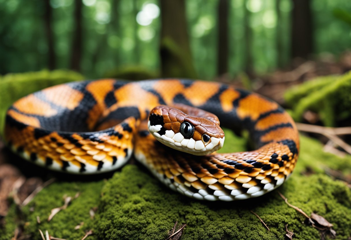 Venomous corn snake battles copperhead in the forest
