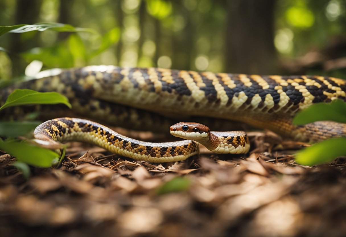 A corn snake and a copperhead face off in a forest clearing. The two snakes are coiled, ready to strike, with their vibrant scales catching the sunlight