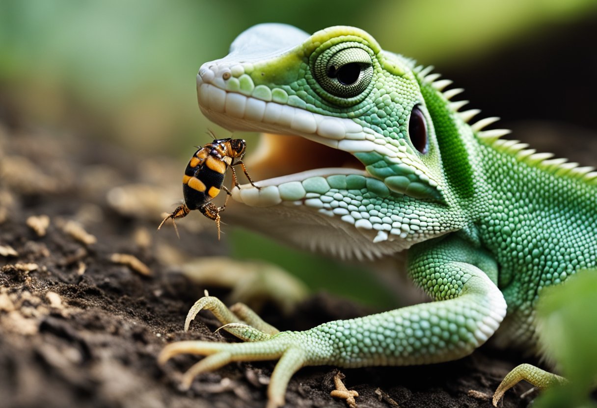 A lizard bites a small insect with its sharp teeth