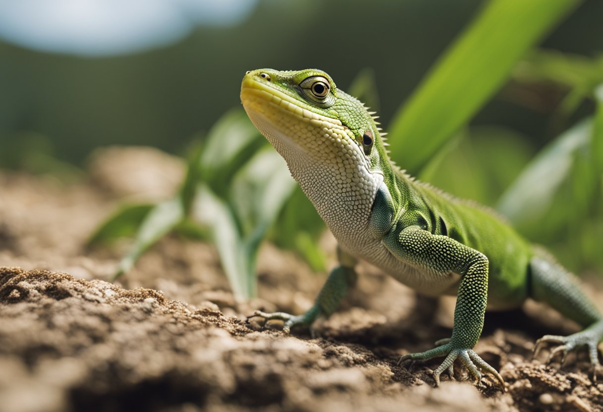 A lizard bites a small insect, its sharp teeth piercing through the prey's exoskeleton