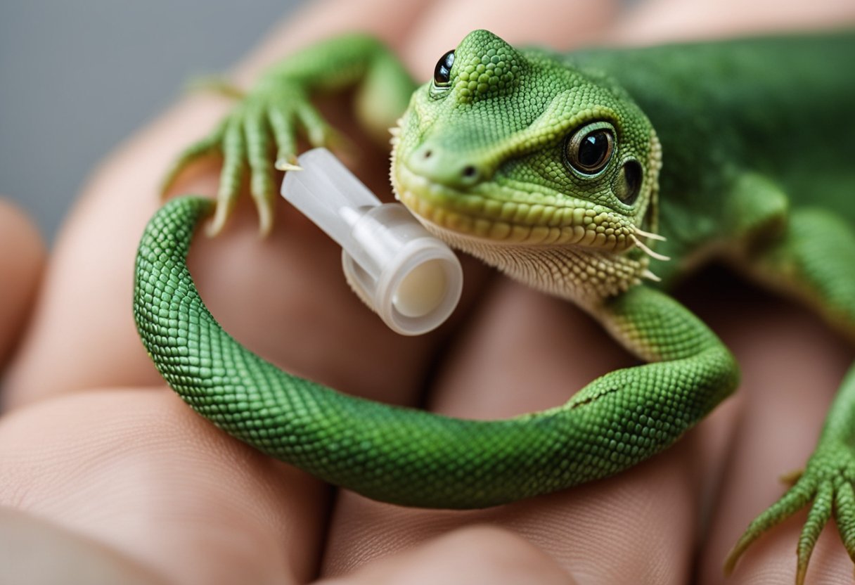 A lizard bites a person's finger. The person quickly applies first aid by washing the wound and applying a bandage