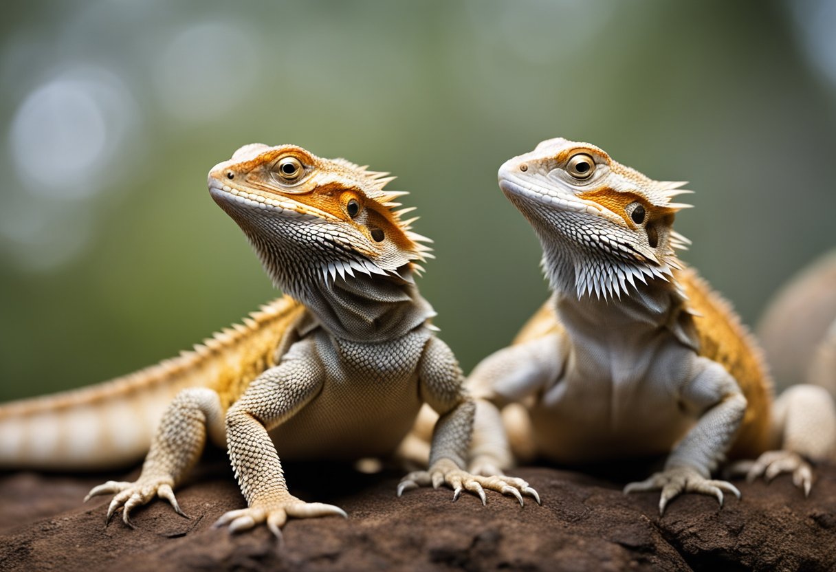 A male and female bearded dragon stand side by side, showcasing the significant size difference between the two sexes. The male is noticeably larger, with a bulkier body and a larger head compared to the female