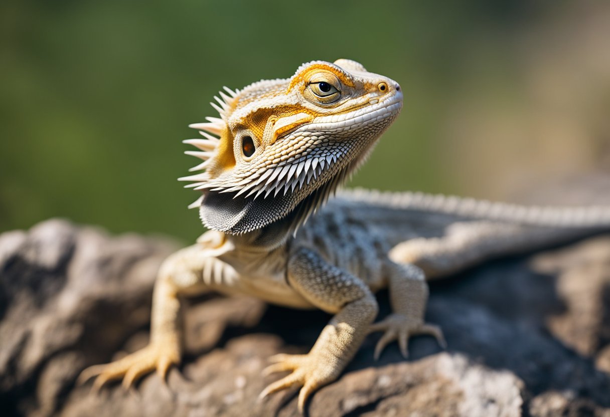 A bearded dragon stands on a rock, its body stretched out to show its full size. Its scales glisten under the warm sunlight, revealing its impressive size and healthy appearance