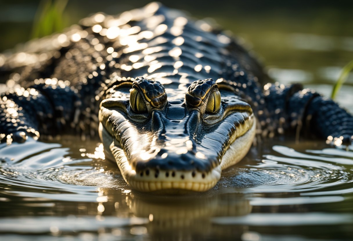 An alligator darts across the swamp, its powerful legs propelling it forward with incredible speed. The water ripples and splashes as it swiftly moves through its natural habitat