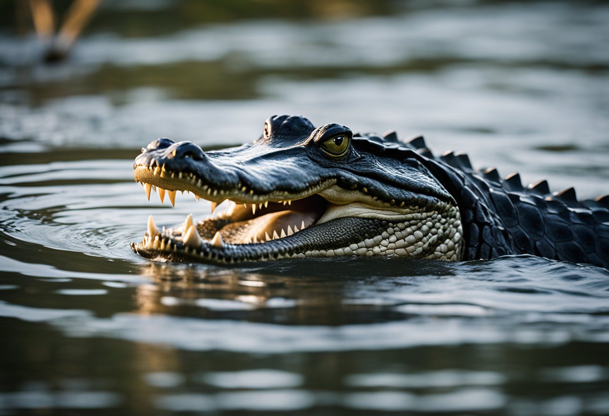 An alligator swiftly lunges at its prey in the murky water
