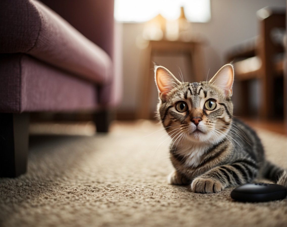 A cat nuzzles against a person's leg, looking up with wide eyes. A toy mouse lies nearby, half-hidden under a chair