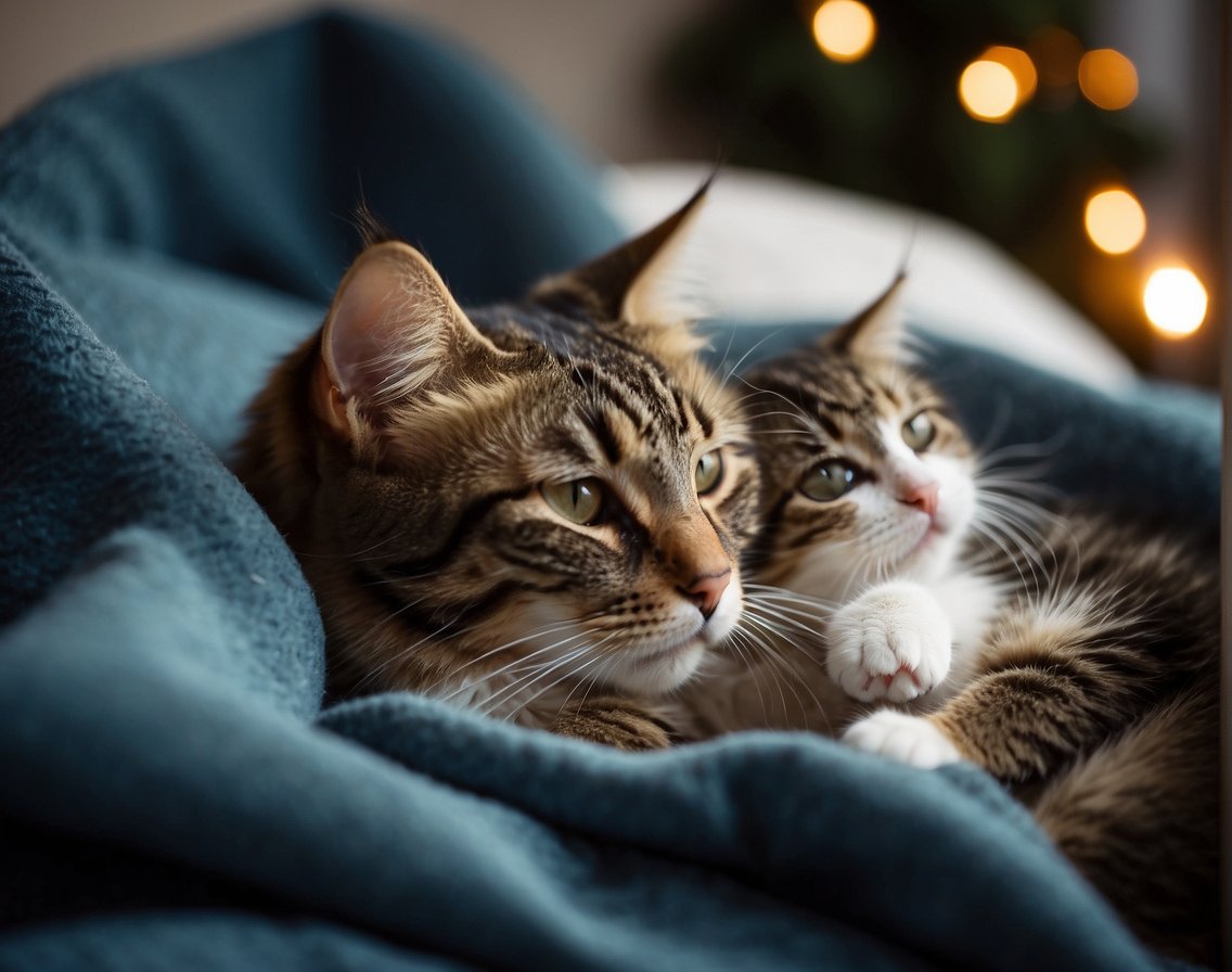 A mother cat nuzzles her kittens, grooming and cuddling them in a cozy nest of blankets and pillows. The kittens playfully bat at each other, their bond evident in their close proximity and shared affection