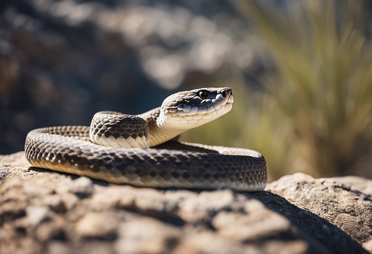 A rattlesnake coiled near a rocky outcrop, with its tongue flicking out and scales glistening in the sunlight