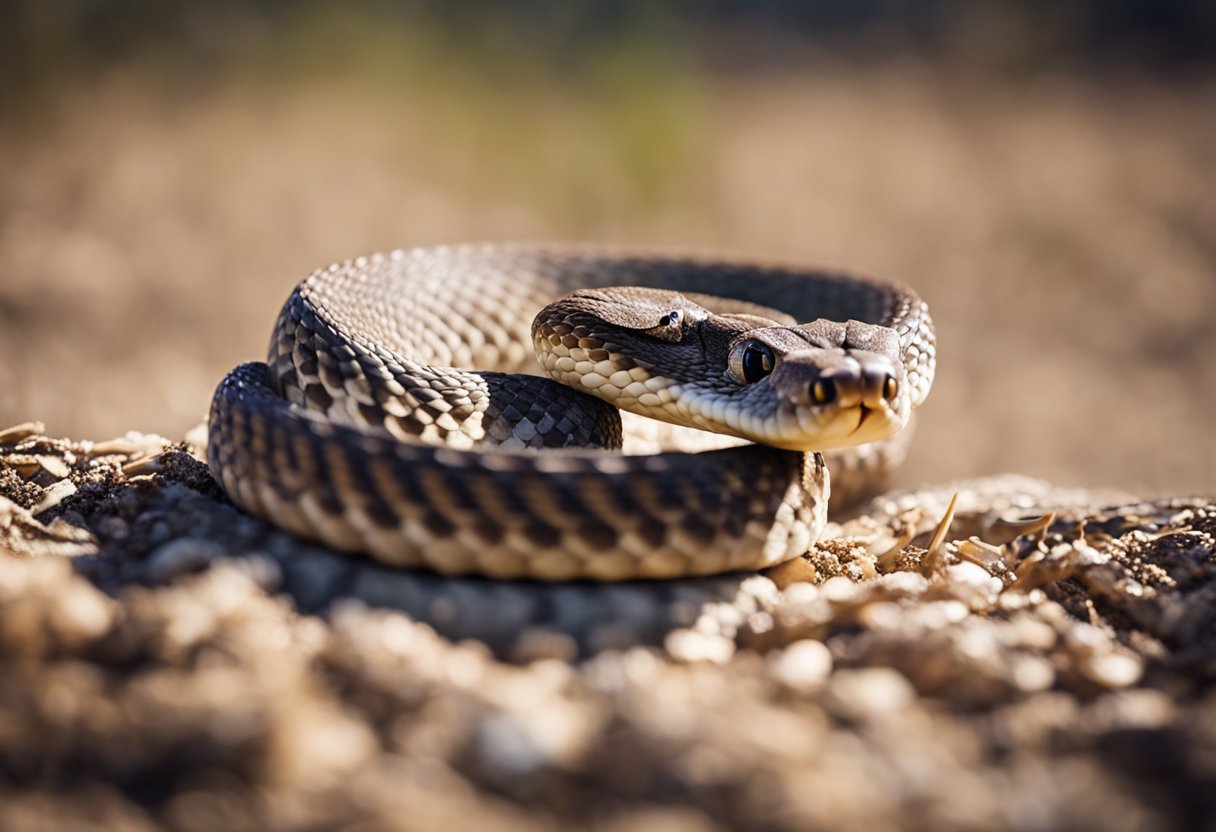 A coiled rattlesnake poised to strike, with its distinctive diamond-shaped markings and a row of rattles at the end of its tail